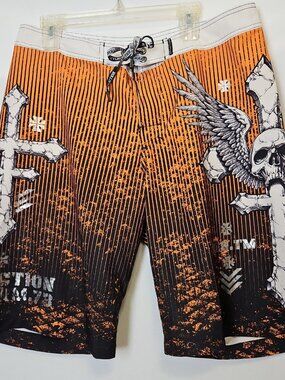 Affliction Tronic Board Shorts Mens Sz 34 Skull Cross Wings Orange Black White